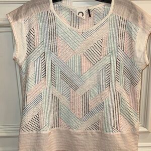 Cap-Sleeve Geometric Stripe embroidered Tee in White with Pastel Accents